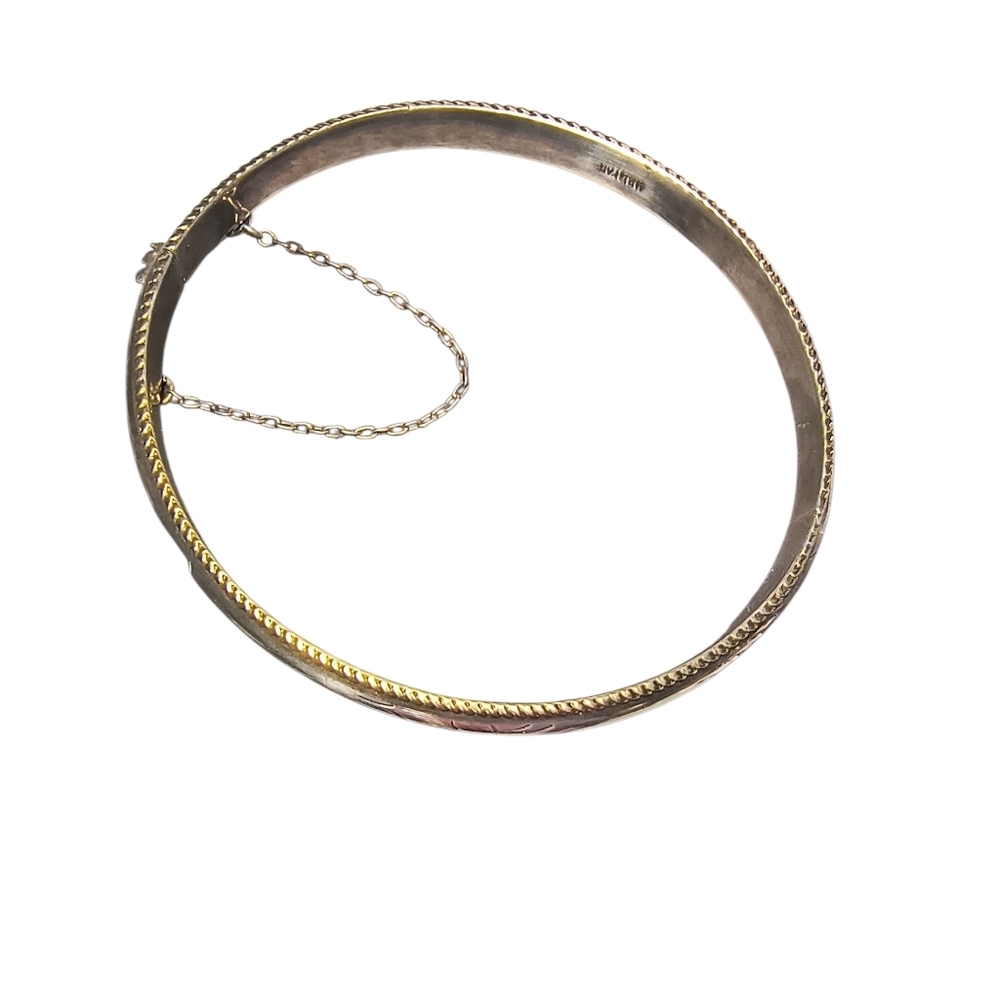 Vintage Sterling Silver Two-Tone Etched Bangle Bracelet With Hinge - Picture 9 of 11